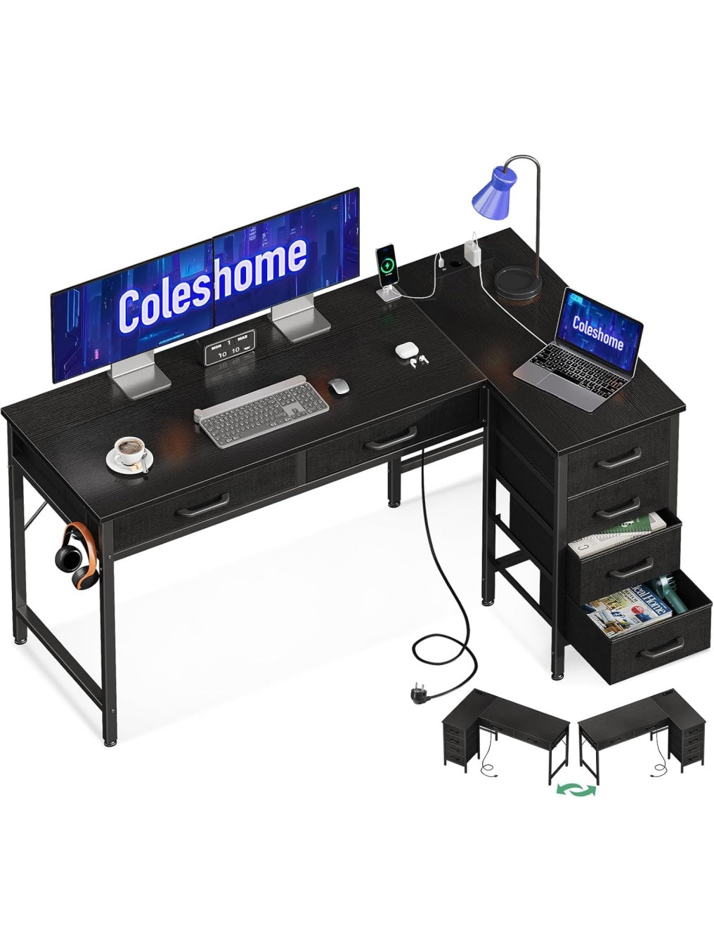 Escritorio Esquinero en Forma de L con Cajones y Toma de Corriente Integrada Negro