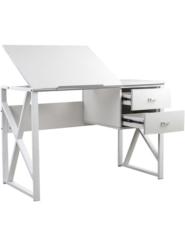 Mesa de Estudio con Cajonera Lateral Tablero Inclinado y Estructura Mixta Blanco