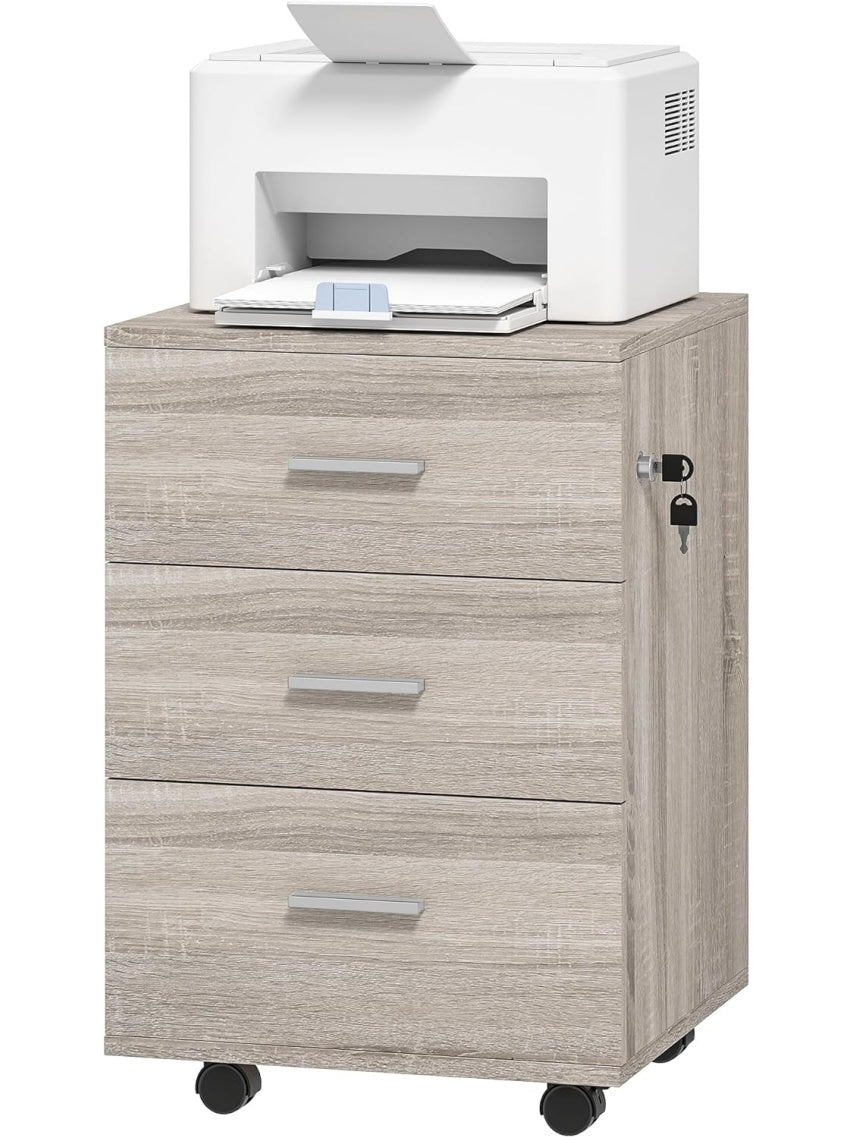 Mueble Archivador Movil con Tres Cajones Cerradura y Ruedas para Oficina Estudio y Salon Gris