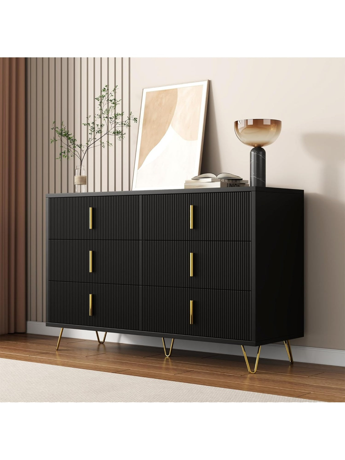 Aparador Elegante de Diseno Actual con Gran Capacidad Interior y Tiradores Decorativos Negro y Dorado