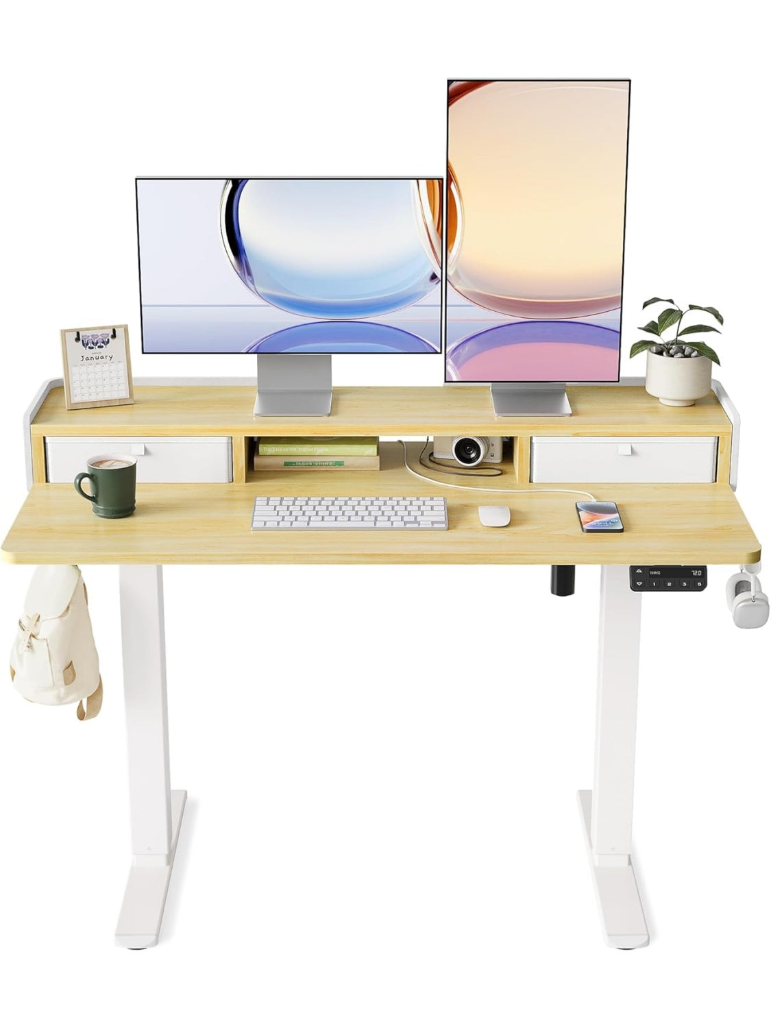 Mesa Elevable Electrica con Cajones Estantes y Soporte para Monitor Color Natural