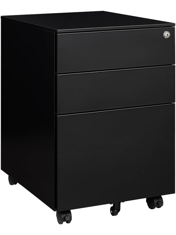Gabinete Movil de Archivo con Cerradura Tres Cajones y Espacio para Documentos y Carpetas Suspendidas Negro