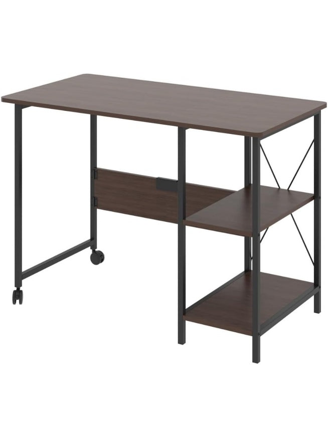 Mesa Plegable Estilo Industrial con Ruedas y Baldas Laterales de Almacenamiento Nogal